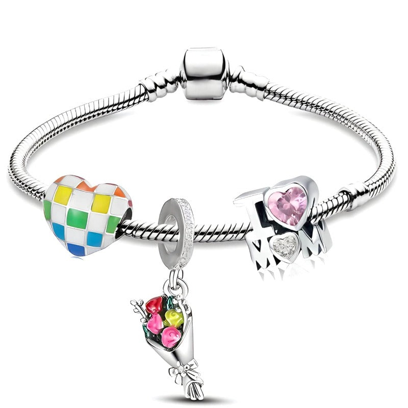 Checkered Heart with Flowers & I Love Mom Charm Bracelet Charm Unique Leather Bracelets Silver 16cm