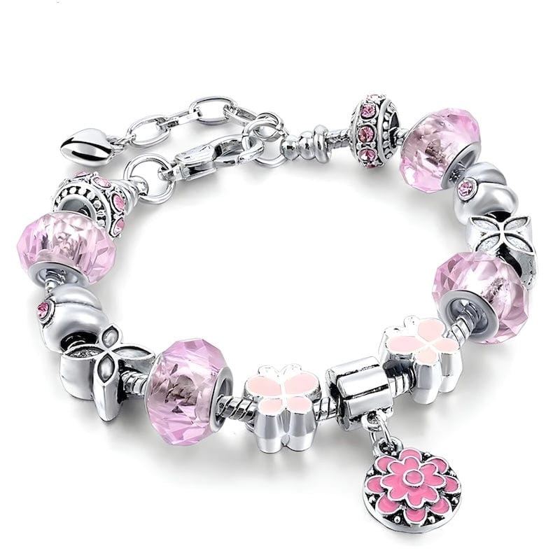 Pink Double Flower Charm Bracelet Charm Unique Leather Bracelets 16cm Silver/Pink