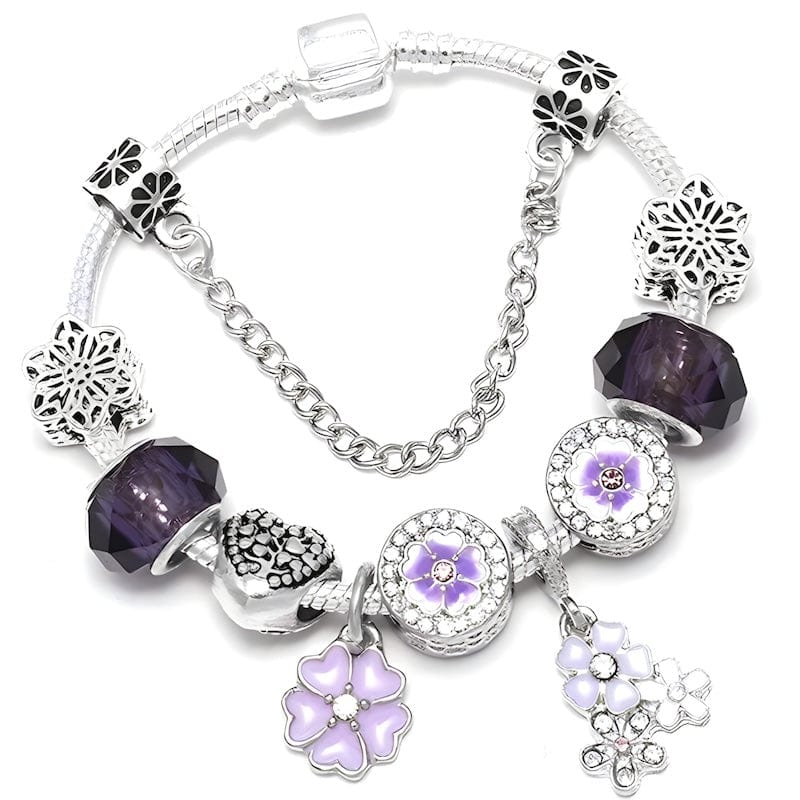 Purple Flower Bracelet Charm Unique Leather Bracelets 16cm Silver/Purple