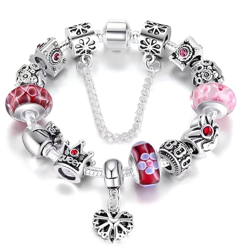 Queen Heart Pink Flower Charm Bracelet Charm Unique Leather Bracelets 16cm Silver/Pink