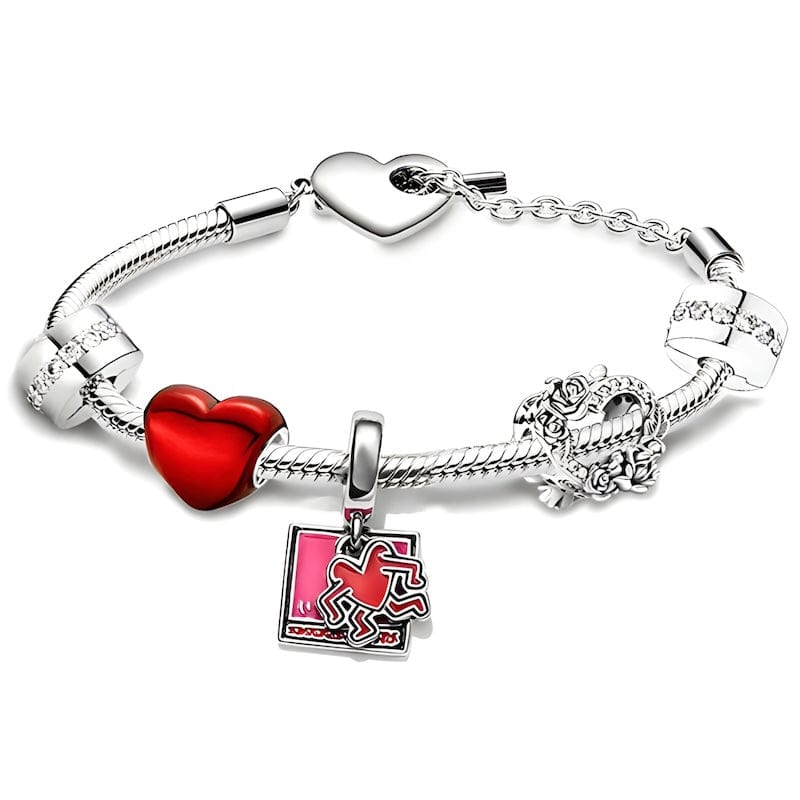 Red Running Heart Charm Bracelet Charm Unique Leather Bracelets 16cm Silver/Red