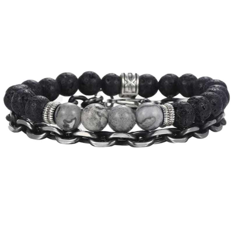 Classic Map Stone Stainless Steel Beaded Bracelets Beaded Unique Leather Bracelets Silver/Black Adjustable