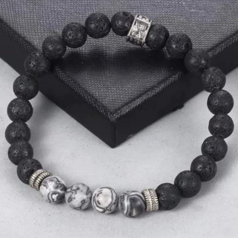 Grey Globe Stainless Steel Beaded Bracelets Beaded Unique Leather Bracelets Adjustable Grey