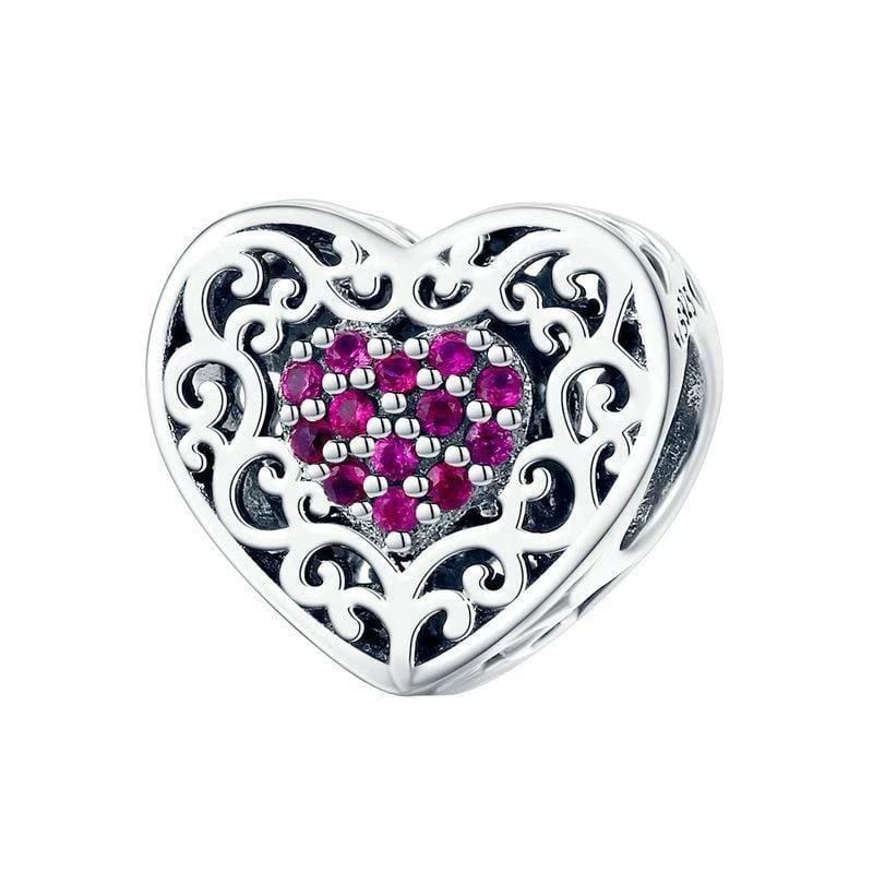 Purple Crystal Heart Charm Charms Unique Leather Bracelets Silver