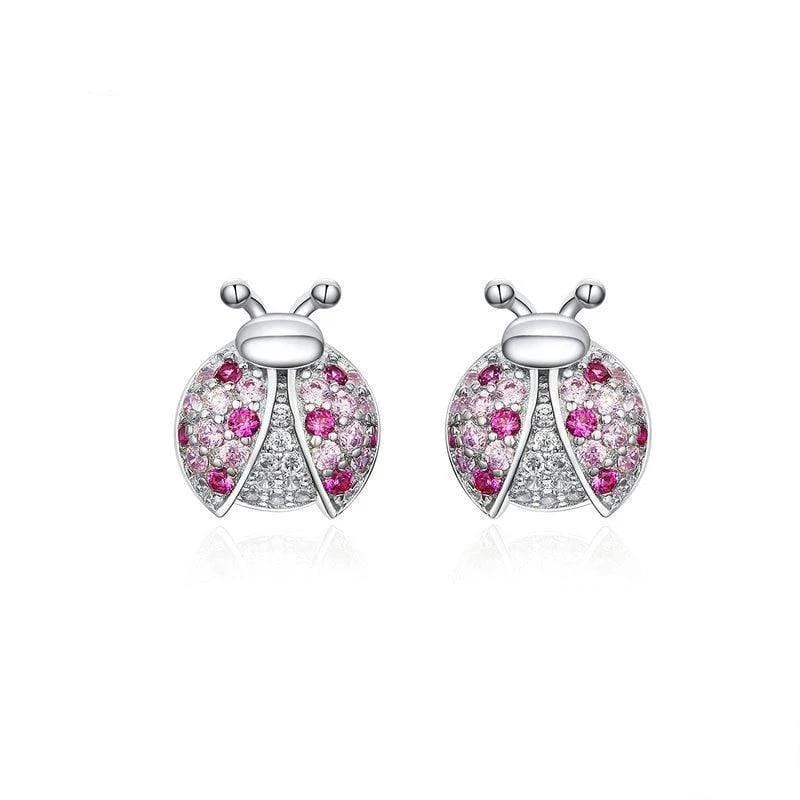 Classic Jeweled Ladybug Earrings Stud Unique Leather Bracelets Silver/Pink