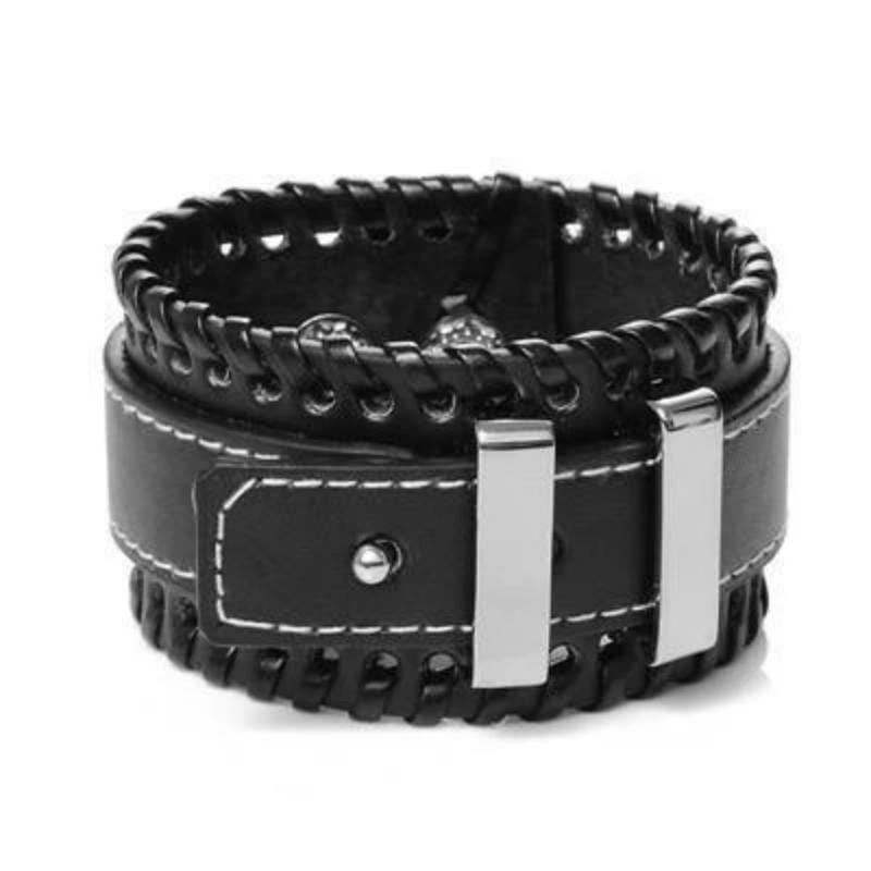 Black Leather Buckle Bracelet Leather Unique Leather Bracelets 2.7in Black
