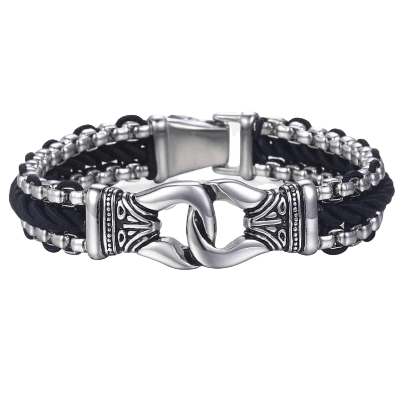 Men Stainless Steel Totem Bracelet Beaded Unique Leather Bracelets Black