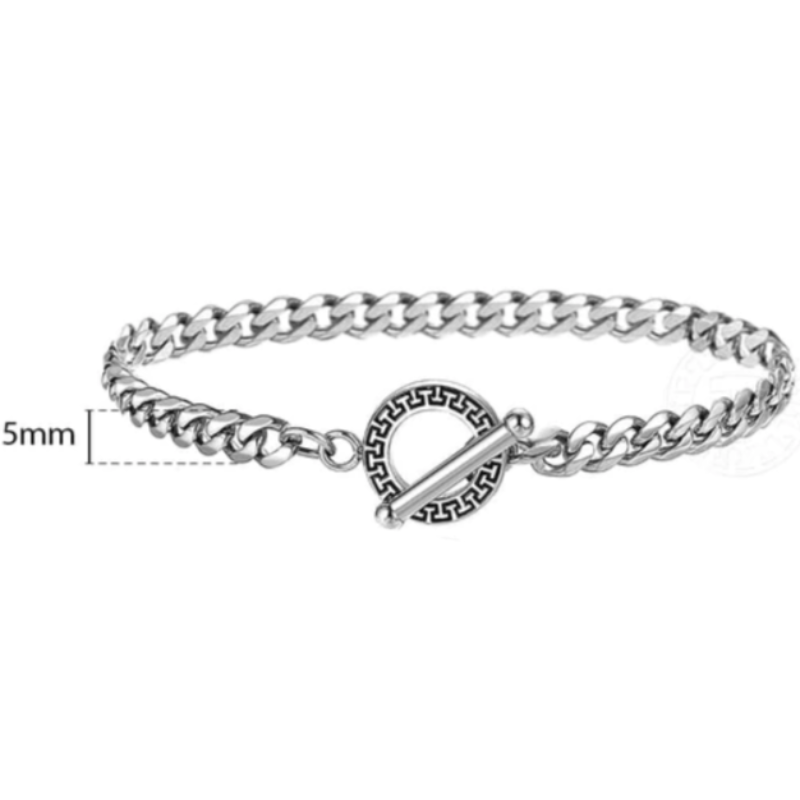 Silver Tribal Toggle Clasp Mens Stainless Steel Bracelets 5mm Link Chain Unique Leather Bracelets 20cm Silver