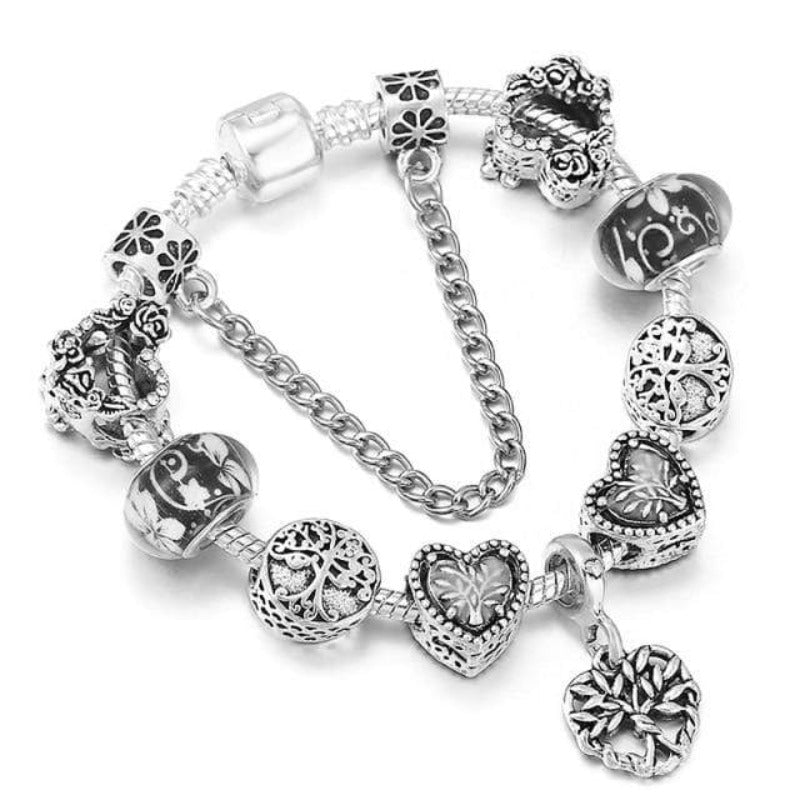 Silver Tree of Life & Hearts Charm Unique Leather Bracelets 16cm Silver