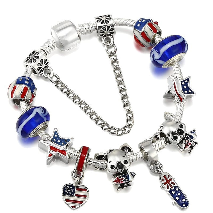 Australia Flag Beads Koala Charm Bracelet Charm Unique Leather Bracelets 16cm Silver/Blue 