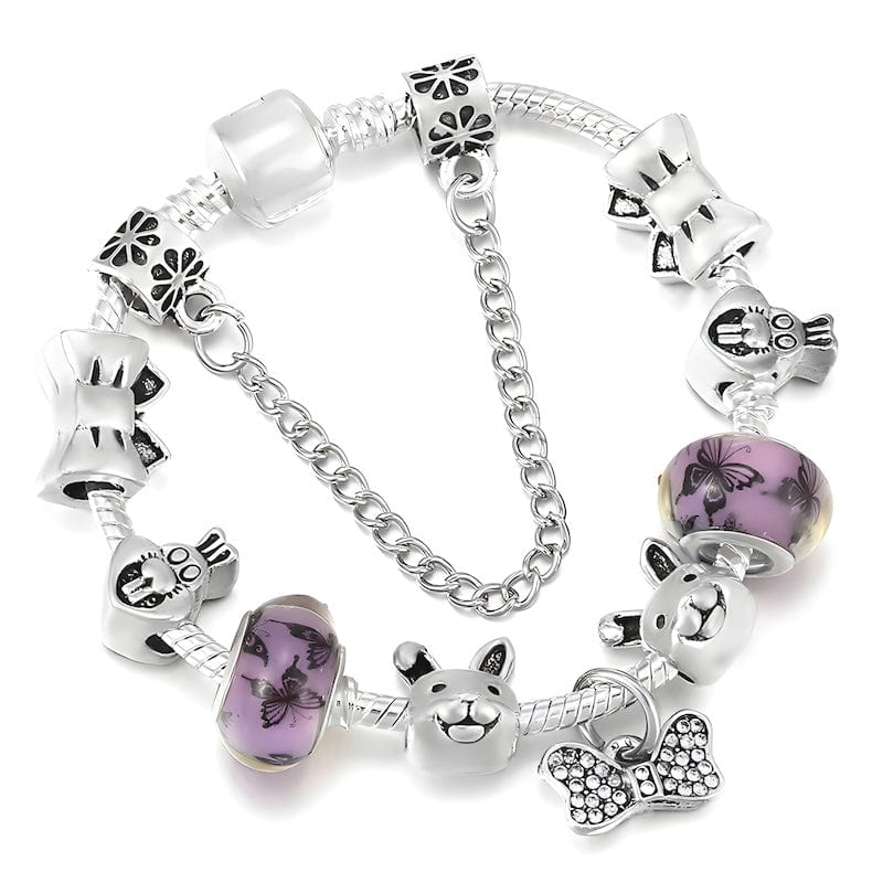 Bowknot Rabbit Purple Beads Charm Bracelet Charm Unique Leather Bracelets 16cm Silver/Purple 