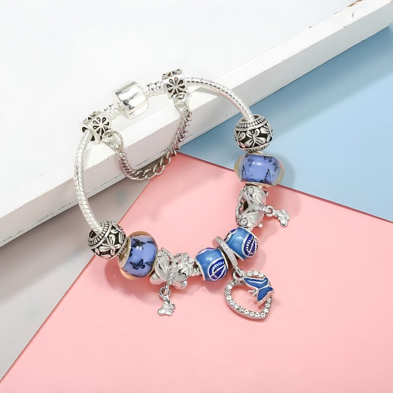 Butterfly On Heart Blue Beads Charm Bracelet bracelet by Unique Leather Bracelets