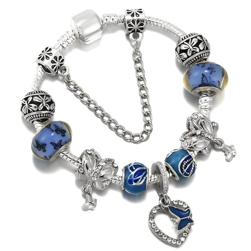 Butterfly On Heart Blue Beads Charm Bracelet bracelet by Unique Leather Bracelets
