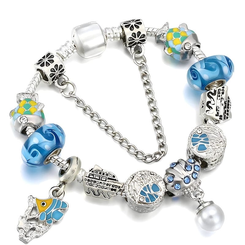 Fish & Pearl Bracelet Charm Unique Leather Bracelets 16cm Silver/Blue 