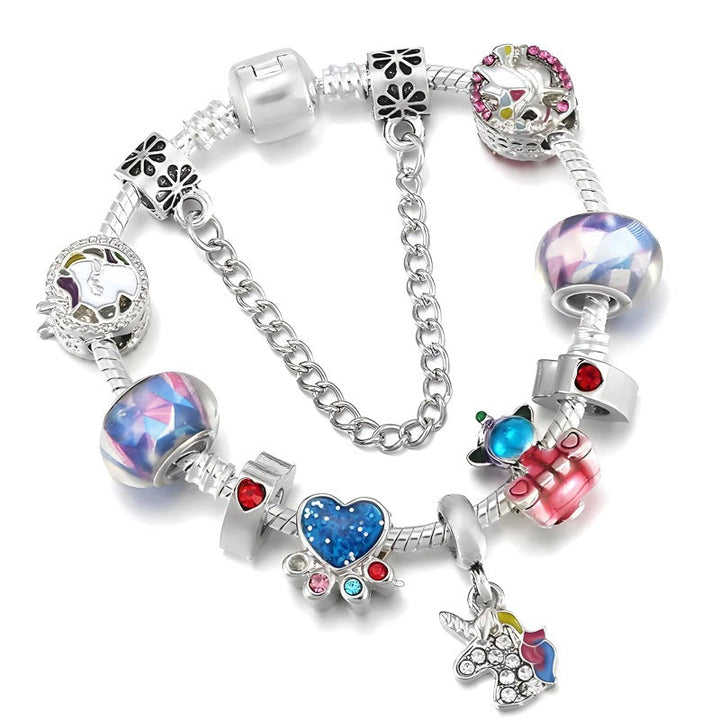 Heart Dog Paw & Unicorn Charm Bracelet Charm Unique Leather Bracelets 16cm Silver/Purple 