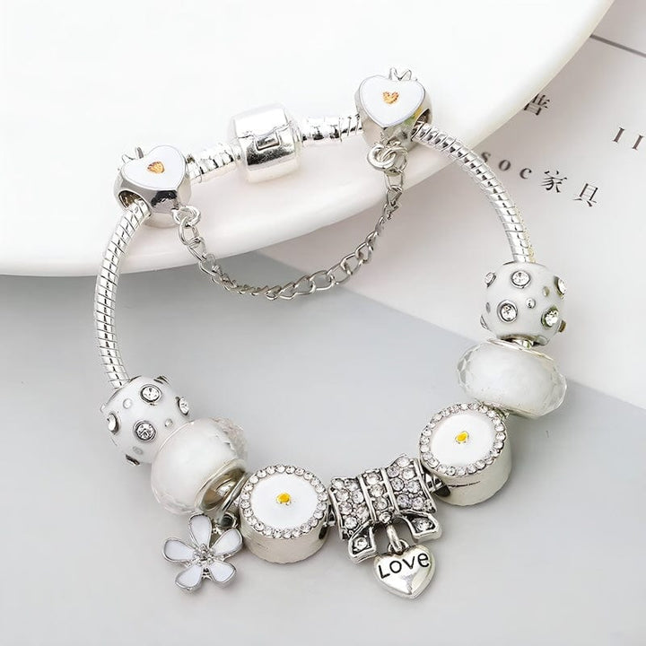 Love Heart White Flower Charm Bracelet bracelet by Unique Leather Bracelets