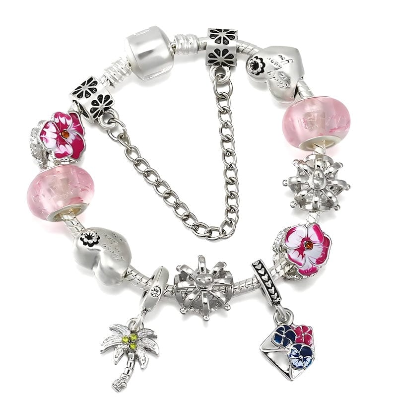 Palm Tree Charm Bracelet Charm Unique Leather Bracelets 16cm Silver/Pink 