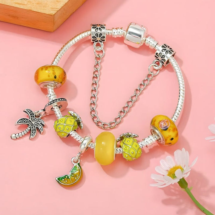 Palm Tree Tropical Pineapple Lemon Charm Bracelet bracelet by Unique Leather Bracelets