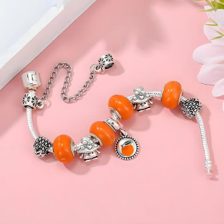 Tangerine Pendant Charm Bracelet With Orange Glass Beads Charm Unique Leather Bracelets   
