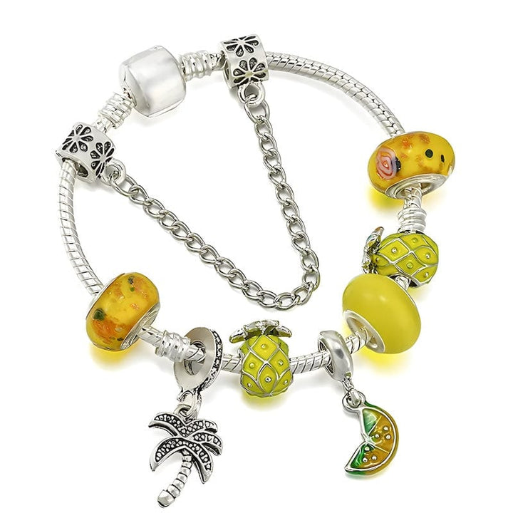 Palm Tree Tropical Pineapple Lemon Charm Bracelet Charm Unique Leather Bracelets 16cm Silver/Yellow 