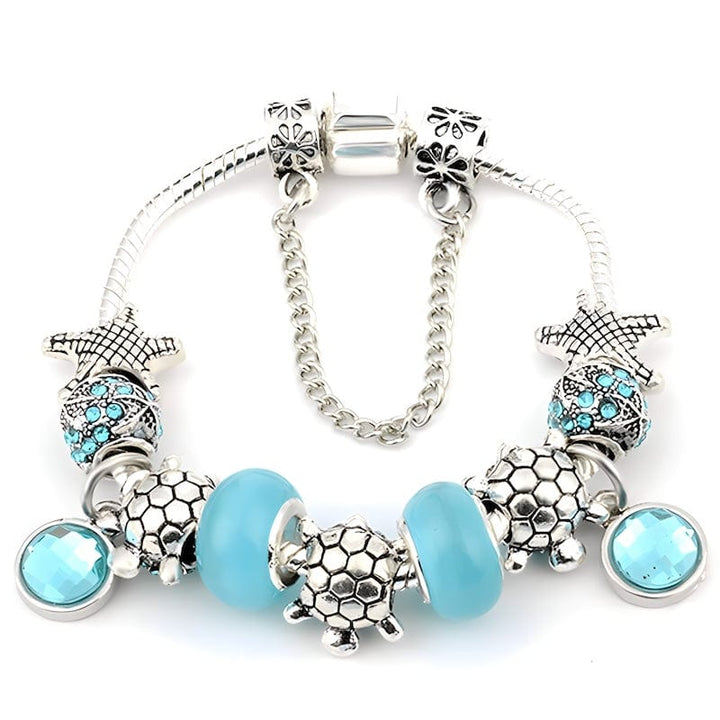 Turtle & Starfish Light Blue Charm Bracelet Charm Unique Leather Bracelets 16cm Silver/Light Blue 