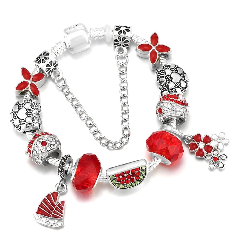 Watermelon & Flowers Red Beads Charm Bracelet bracelet by Unique Leather Bracelets