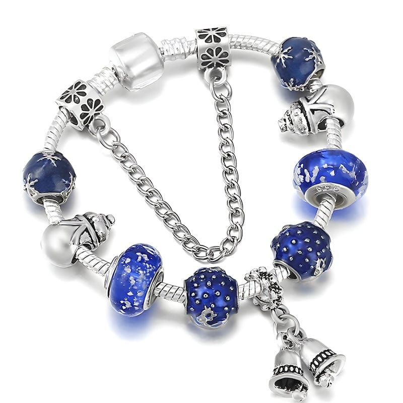 Winter Bells & Snowman Blue Beads Bracelet bracelet by Unique Leather Bracelets