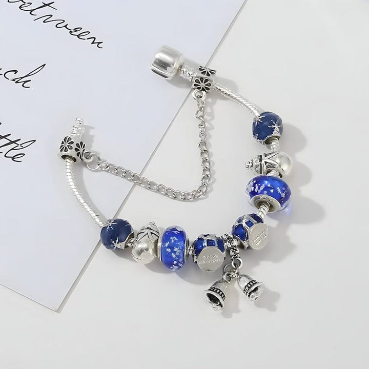 Winter Bells & Snowman Blue Beads Bracelet Charm Unique Leather Bracelets   