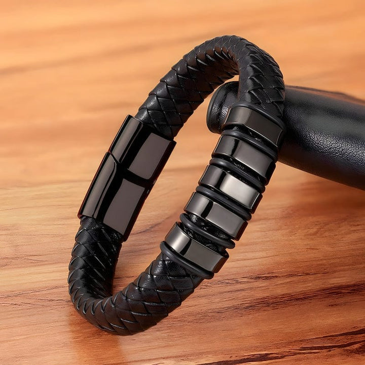 Classic Stainless Steel Braided Black Leather Mens Bracelet Leather Unique Leather Bracelets   