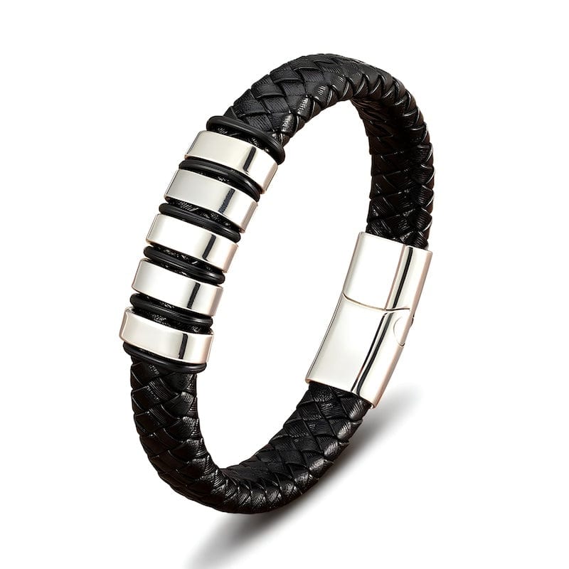 Classic Stainless Steel Braided Black Leather Mens Bracelet Leather Unique Leather Bracelets 19cm Silver/Steel 