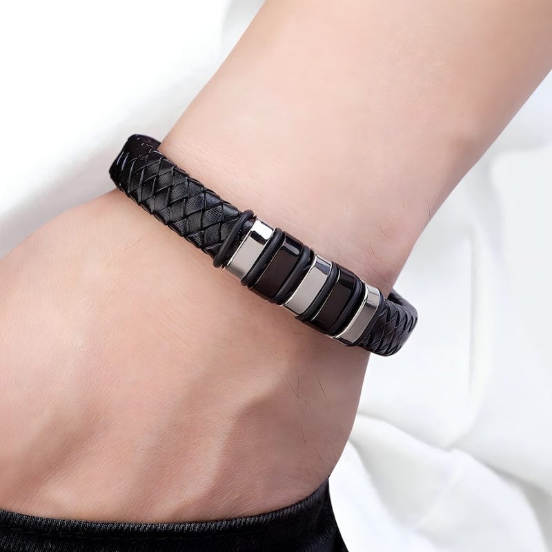 Classic Stainless Steel Braided Black Leather Mens Bracelet Leather Unique Leather Bracelets   