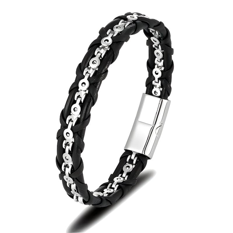 Leather Braid With Bicycle Chain Bracelet Leather Unique Leather Bracelets Silver 19cm 