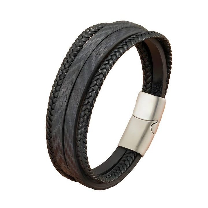Pattern Design Multilayer Braid Leather Bracelet Leather Unique Leather Bracelets 19cm Black/Silver 