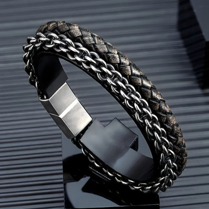 Retro Oxidized Black Geometric Link Chain Leather Bracelet Leather Unique Leather Bracelets   
