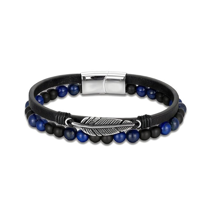 Stone Beaded Multilayer Leather Feather Bracelet Leather Unique Leather Bracelets Silver/Blue 19cm 