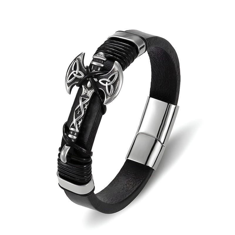 Viking Axe Black Leather Mens Bracelet Leather Unique Leather Bracelets 21.5cm Silver/Black 