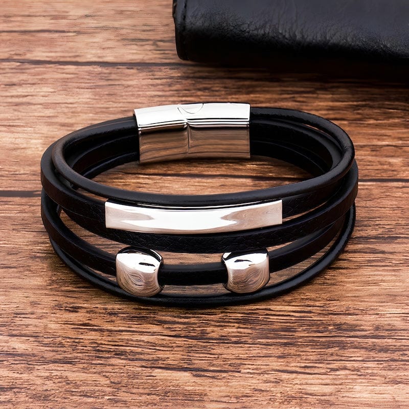 Silver Beads Black Leather Bracelet Wrap Unique Leather Bracelets   