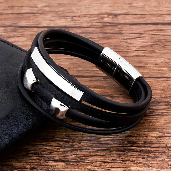 Silver Beads Black Leather Bracelet Wrap Unique Leather Bracelets   