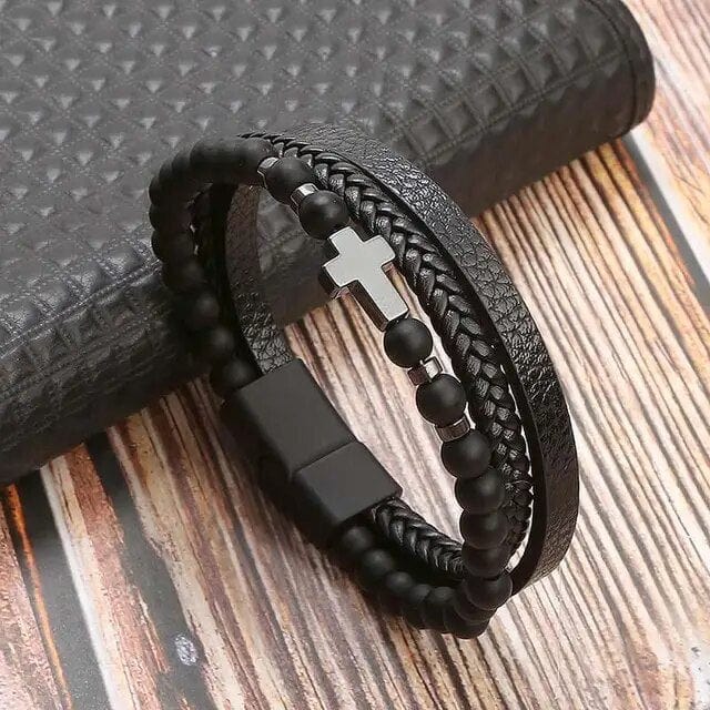 Wrap Bracelet Leather Mens Stack Bead Cross Wrap Unique Leather Bracelets 18.5cm Black 