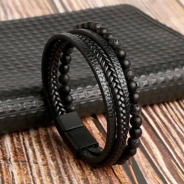 Wrap Bracelet Leather Mens Stack Braid Bead Wrap Unique Leather Bracelets 18.5cm Black 