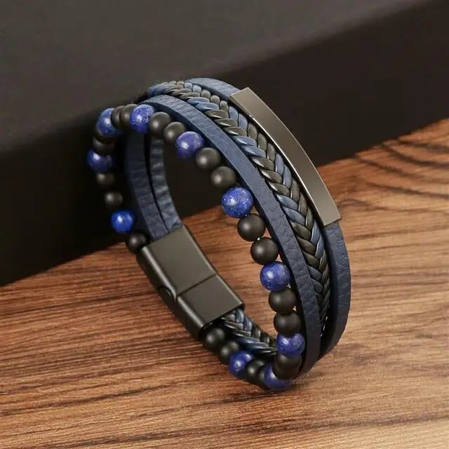 Wrap Bracelet Leather Mens Stack Globe Bead Twist Wrap Unique Leather Bracelets 18.5cm Black/Blue 