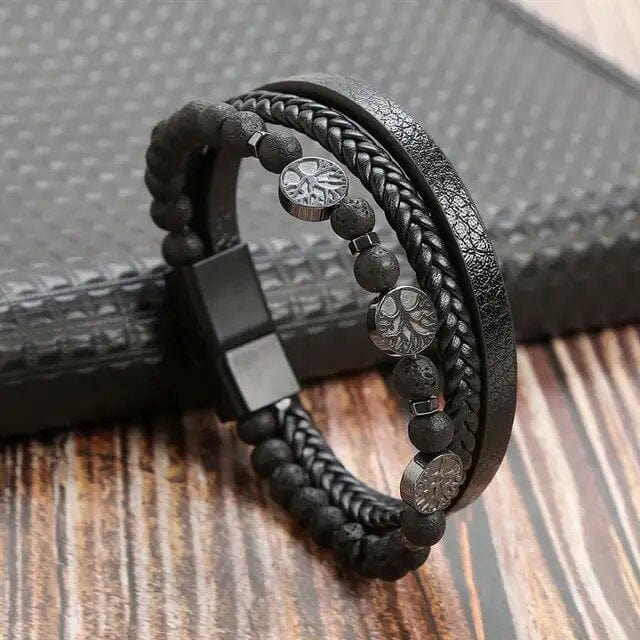 Wrap Bracelet Leather Mens Stack Lava Bead Tree Of Life Wrap Unique Leather Bracelets 18.5cm Black 