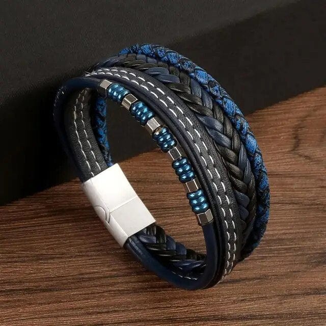 Wrap Bracelet Leather Mens Stack  Stitch Charm Wrap Unique Leather Bracelets 18.5cm Black/Blue 