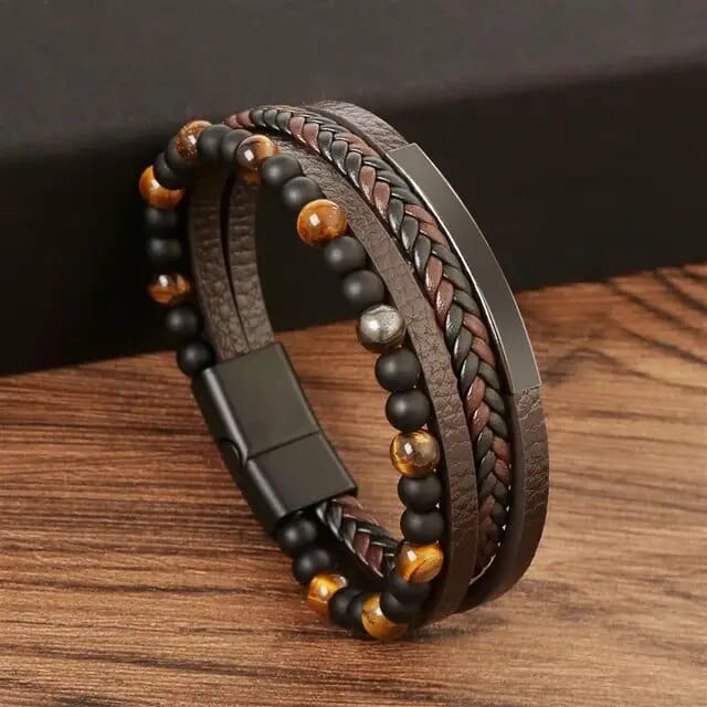 Wrap Bracelet Leather Mens Stack Tiger Bead Wrap Unique Leather Bracelets 18.5cm Black/Brown 