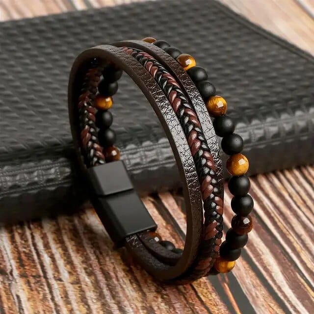 Wrap Bracelet Leather Mens Stack Tiger Bead bracelet by Unique Leather Bracelets