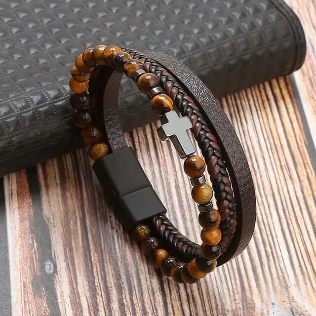 Wrap Bracelet Leather Mens Stack Tiger Bead Cross bracelet by Unique Leather Bracelets