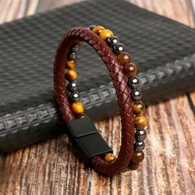 Wrap Bracelet Leather Mens Stack Tiger Eye Braid Twist Wrap Unique Leather Bracelets 18.5cm Brown 