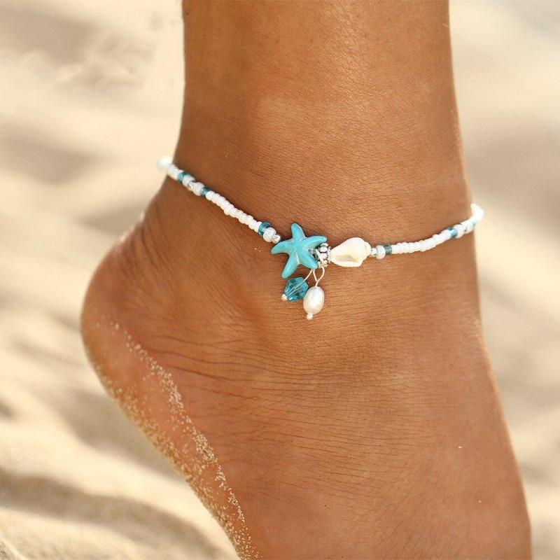 Turquoise Ocean Themed Shell Anklet Anklets Unique Leather Bracelets White Adjustable 