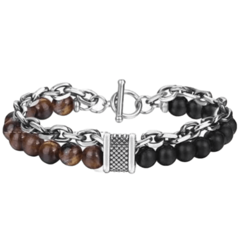 Cuban Link Stainless Steel Beaded Bracelets Beaded Unique Leather Bracelets Brown/Black/Tiger Eye Stone WH2 10inch