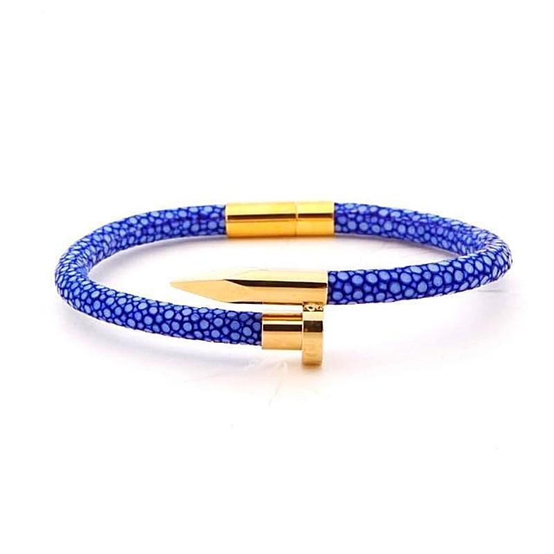 Bravoure Blue Luxury Leather Nail Leather Unique Leather Bracelets Blue/Gold 16cm 